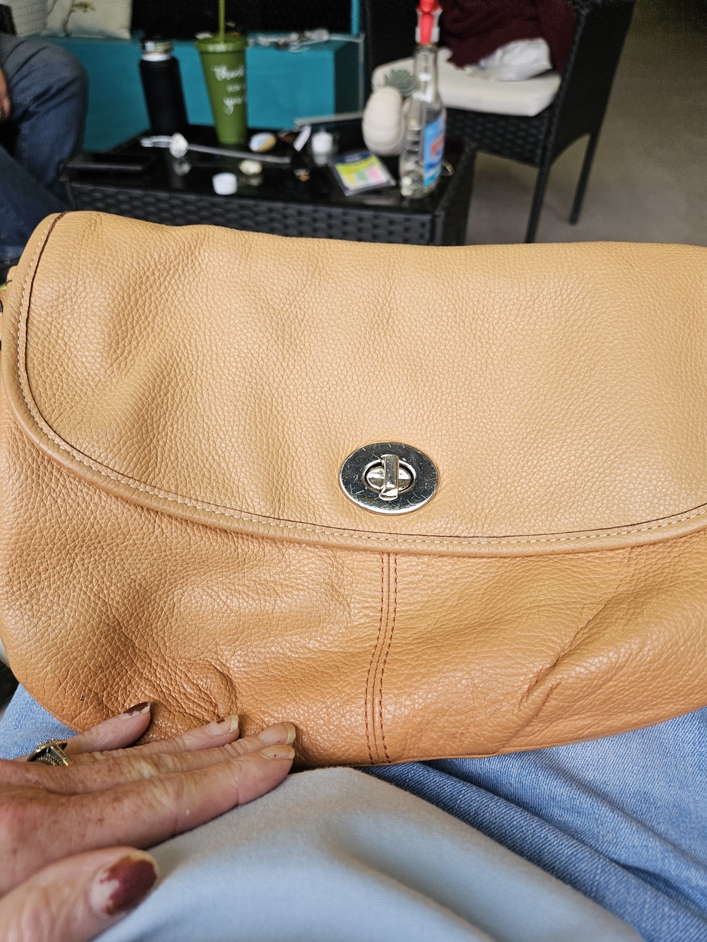 Coach Pebbled Leather Turn-Lock Shoulder Bag - Tan